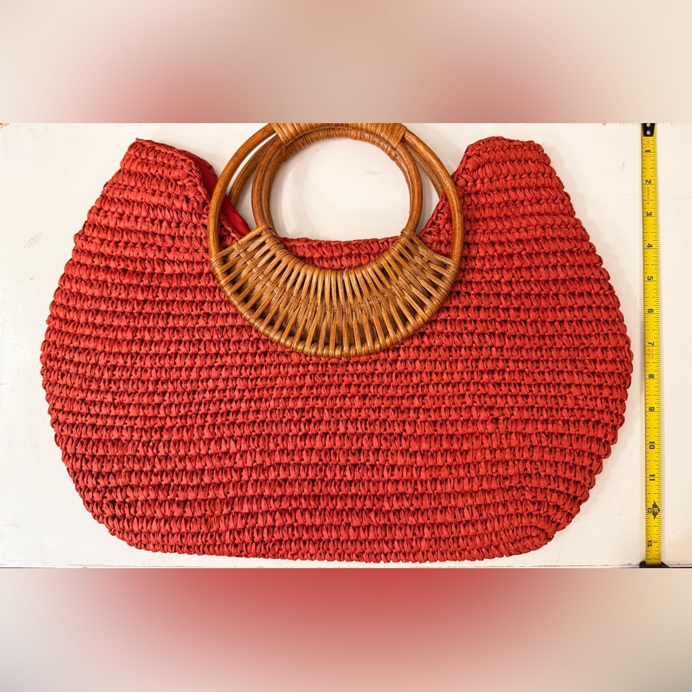 Straw Studios Woven Raffia Tote Wood Handle Boho Summer Bag - Picture 9 of 9